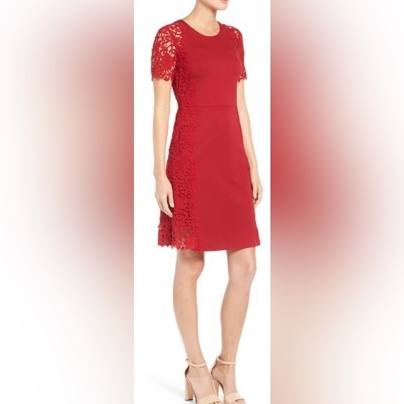 Elie Tahari Embroidered Red Flutter Sleeve Sheath Dress - Picture 2 of 13